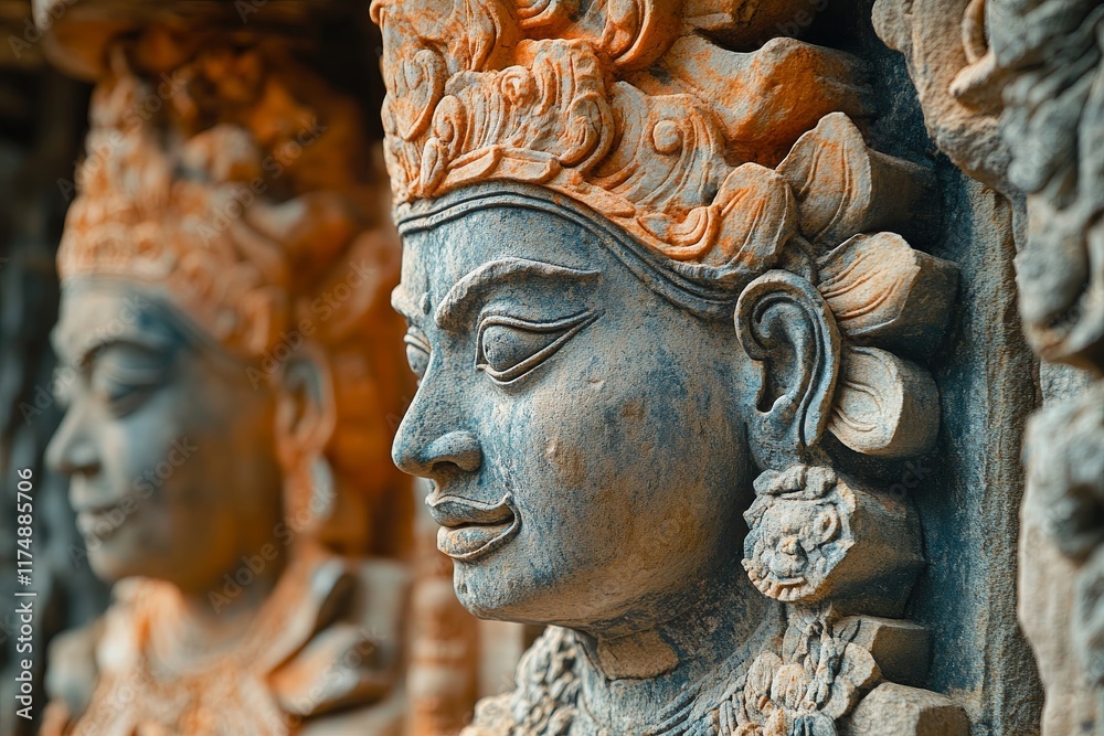 A close-up of intricate carvings on the ancient ruins. Generative AI A close-up of intricate carvings on the ancient ruins. Generative AI
