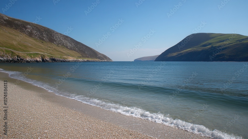 A calm beach with a single set of waves breaking onto the shore. A calm beach with a single set of waves breaking onto the shore.