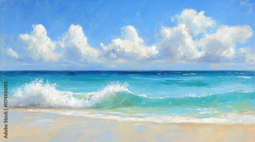A calm beach with a single set of waves breaking onto the shore. A calm beach with a single set of waves breaking onto the shore.