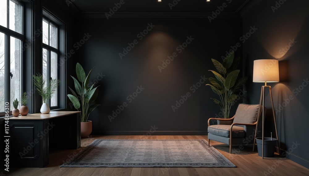 Fototapeta premium A cozy black studio room with soft, focused lighting creates a dramatic and elegant space.