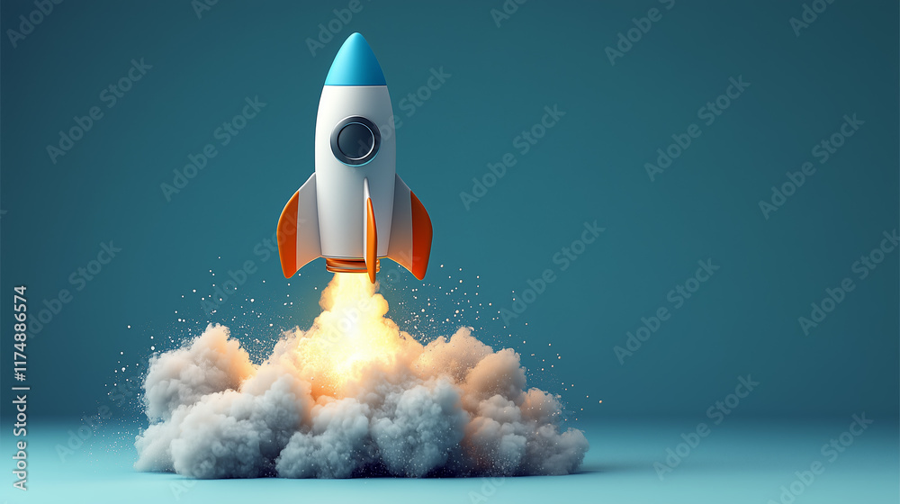 © robert - Toy rocket launching with fire and smoke billowing from behind against a plain blue background with copy space for text © robert - Toy rocket launching with fire and smoke billowing from behind against a plain blue background with copy space for text