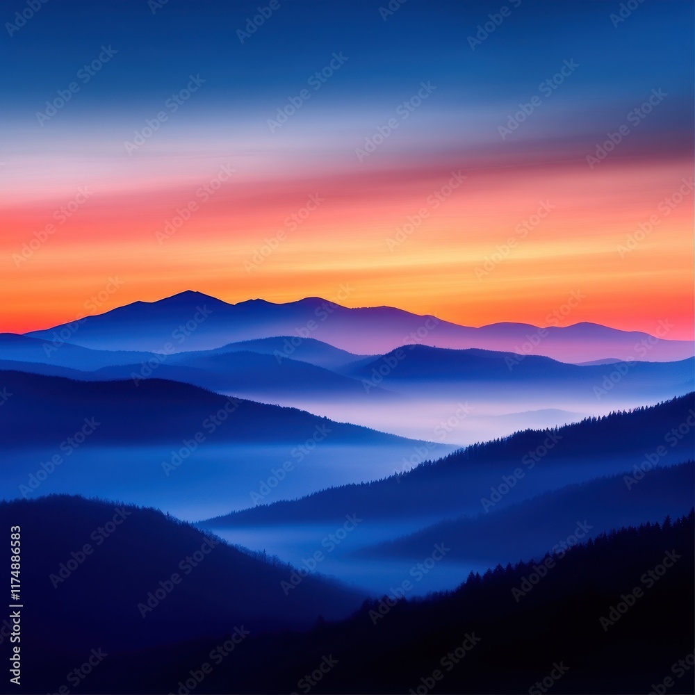Misty Mountain Range at Sunrise with Vibrant Color Layers Misty Mountain Range at Sunrise with Vibrant Color Layers