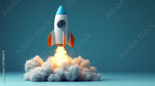 Toy rocket launching with fire and smoke billowing from behind against a plain blue background with copy space for text