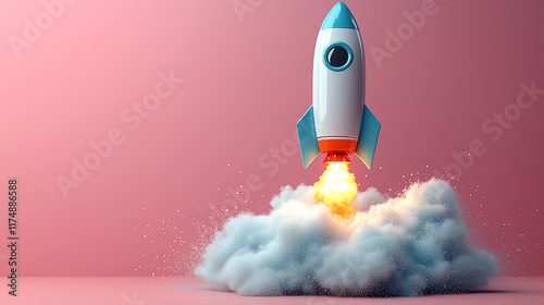 Toy rocket launching with fire and smoke billowing from behind against a plain pink background with copy space for text