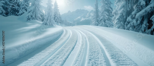 Snowy path with ski tracks under soft lighting in a picturesque winter landscape