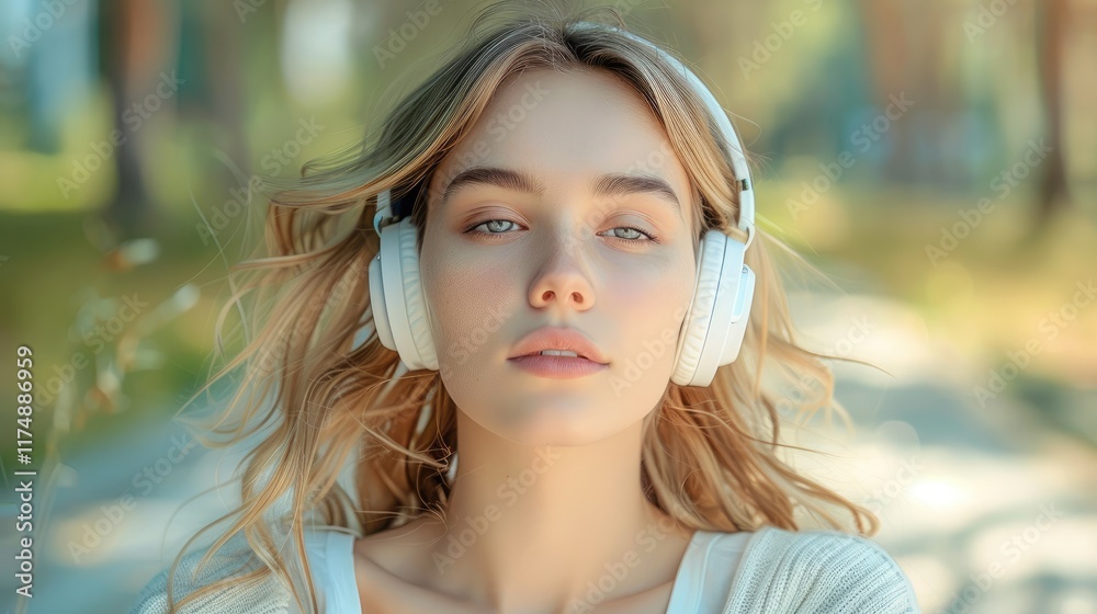 Fototapeta premium A young European woman in her early 20s with fair, rosy skin and light blonde hair, wearing a short, sports sleek white wireless headphones.