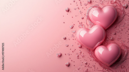 glossy heart shapes on a pink background with copy space for text