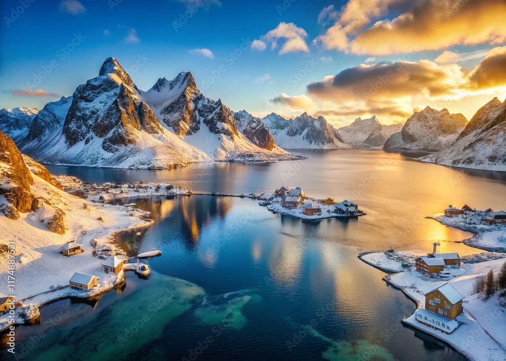 Lofoten Islands Winter Aerial Panorama: Serene Norwegian Fjord Landscape Lofoten Islands Winter Aerial Panorama: Serene Norwegian Fjord Landscape