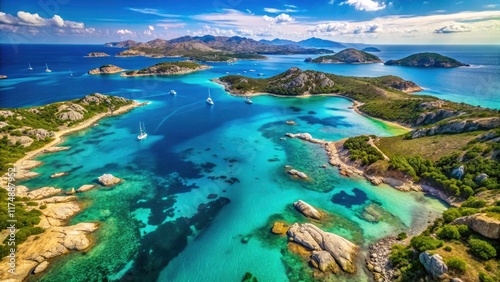 Sardinia's Maddalena Archipelago: Aerial view of Santa Maria, Budelli, Razzoli, and the stunning Inland Sea. photo