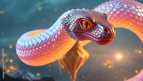 illustration of an Opalescent Serpent Coiled Around a Floating Mountain. photo