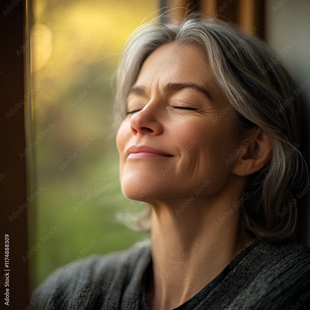 Obraz premium A serene portrait of a middle-aged woman sitting by the window, the light falling on her face. Her eyes are closed and there is a smile on her lips. The background features blurred greenery outside