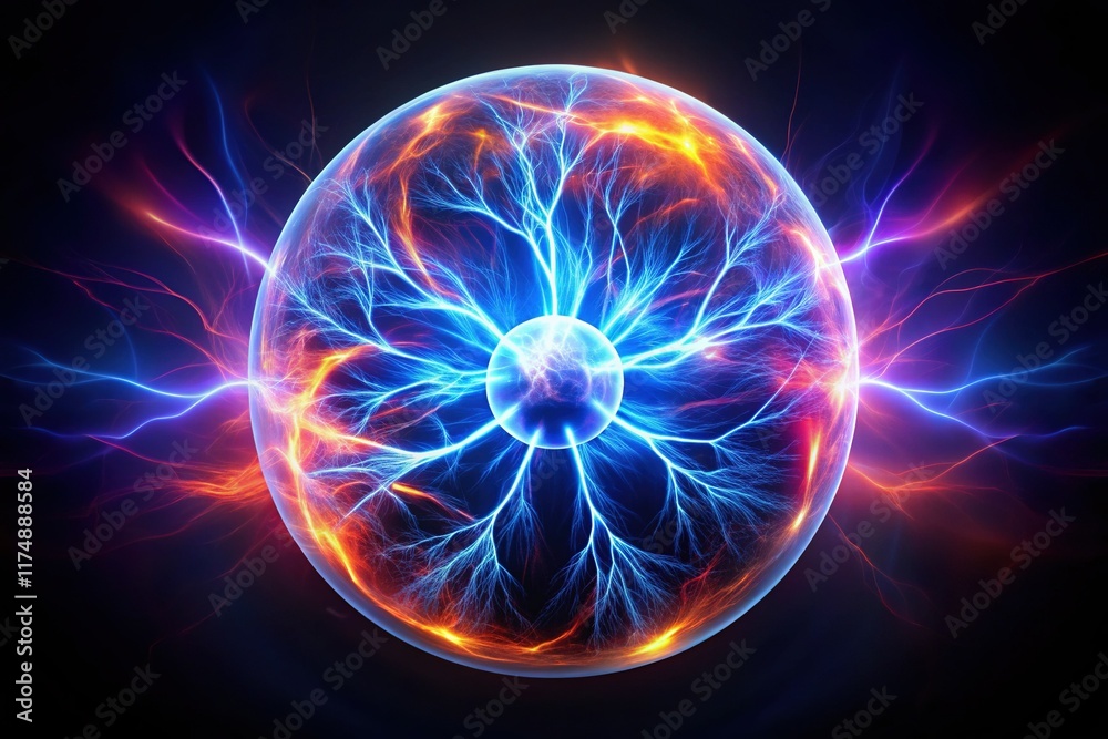 Obraz premium Electric Ball: Powerful Plasma Sphere Energy Flash, Aerial Lightning Circle Strike Impact on Dark Background - 3D Render
