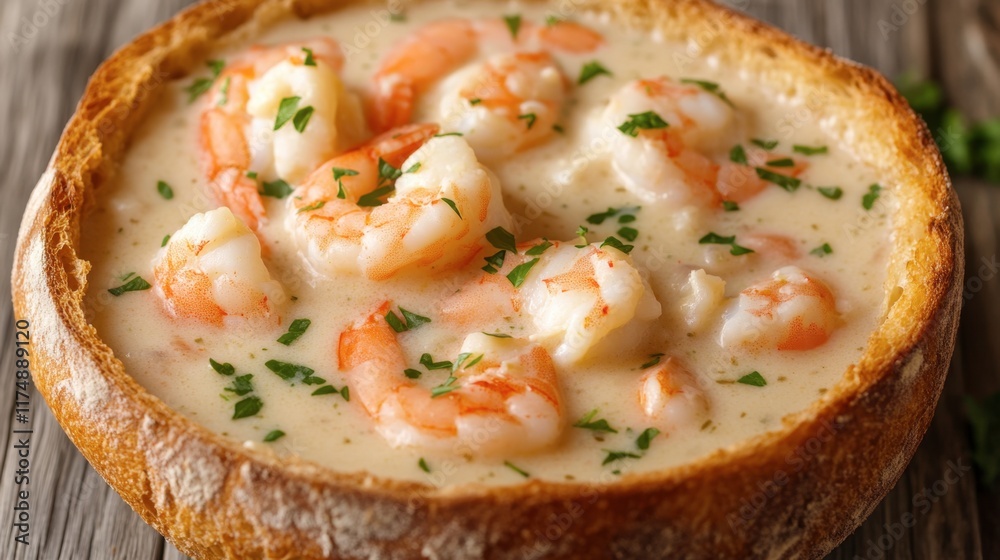 A close-up of creamy seafood chowder in a bread bowl, garnished with fresh parsley, served on a rustic wooden table. A close-up of creamy seafood chowder in a bread bowl, garnished with fresh parsley, served on a rustic wooden table.