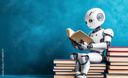 white robot sitting on top of books, symbolizing knowledge, learning, and futuristic technology photo