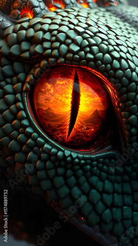 Hyper-Realistic Dragon's Eye with Emerald Scales and Fiery Glows. photo