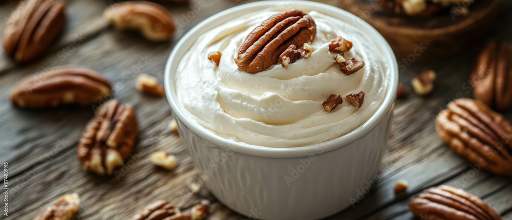 Creamy dessert topped with pecan nuts on a rustic wood table setting Creamy dessert topped with pecan nuts on a rustic wood table setting