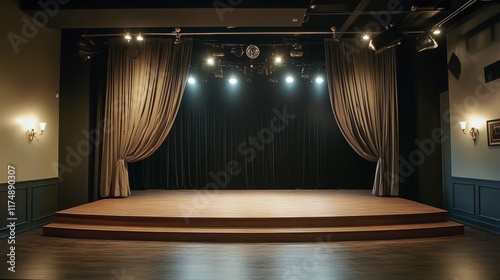 A contemporary stage setting with clean lines, heavy curtains, vintage sconces, and a warm-toned wooden platform.