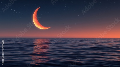 A vibrant crescent moon hangs over a tranquil ocean at twilight. Ideal for meditation apps, nature documentaries, or ethereal music visuals.