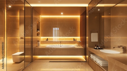 Luxurious modern bathroom with warm lighting, bathtub, and double vanity. photo