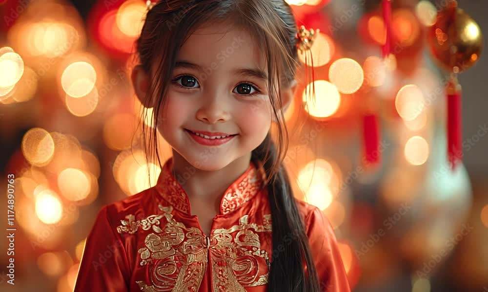 Adorable Little Girl in Traditional Chinese New Year Dress Smiles Joyfully Against a Festive Bokeh Background Adorable Little Girl in Traditional Chinese New Year Dress Smiles Joyfully Against a Festive Bokeh Background