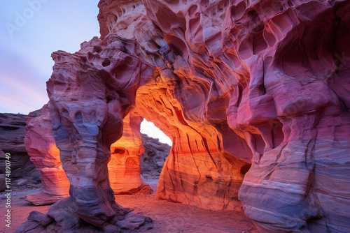 cavern at sunset, with its mesmerizing beauty, reveals a breathtaking display of warm hues from setting sun, a captivating dance of light upon intricate rock formations, and a magical transition betwe photo