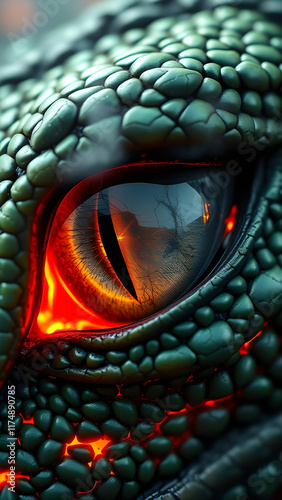 Hyper-Realistic Dragon's Eye with Emerald Scales and Fiery Glows. photo