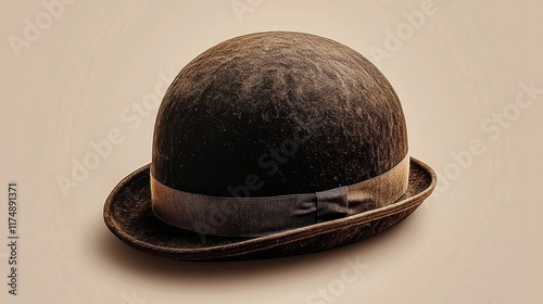 A vintage bowler hat with a worn appearance and ribbon detail. photo