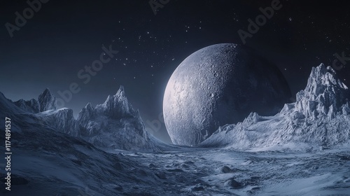 A breathtaking extraterrestrial landscape featuring a large moon looming over icy mountains and a starry night sky.