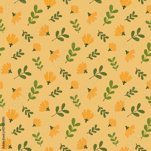Yellow flowers with yellow background seamless pattern 