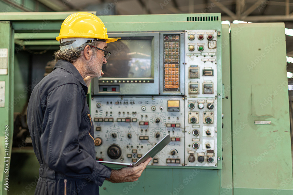 Senior Professional technician engineer male operate control heavy industry machine CNC in factory.