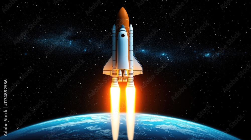 Fototapeta premium Rocket launch into space earth orbit digital illustration cosmic environment dramatic viewpoint exploration concept