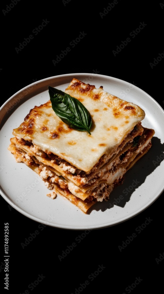 A delicious serving of lasagna topped with a fresh basil leaf on a white plate against a dark background. A delicious serving of lasagna topped with a fresh basil leaf on a white plate against a dark background.