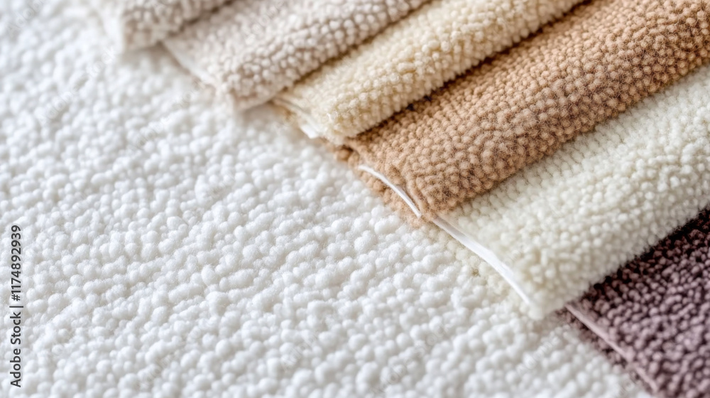 Boucle Fabric samples in various neutral colors close up arranged, texture detail, interior design palette background