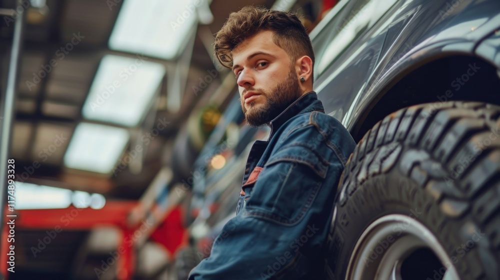 Male car mechanic working on a car tire, AI generated image Male car mechanic working on a car tire, AI generated image