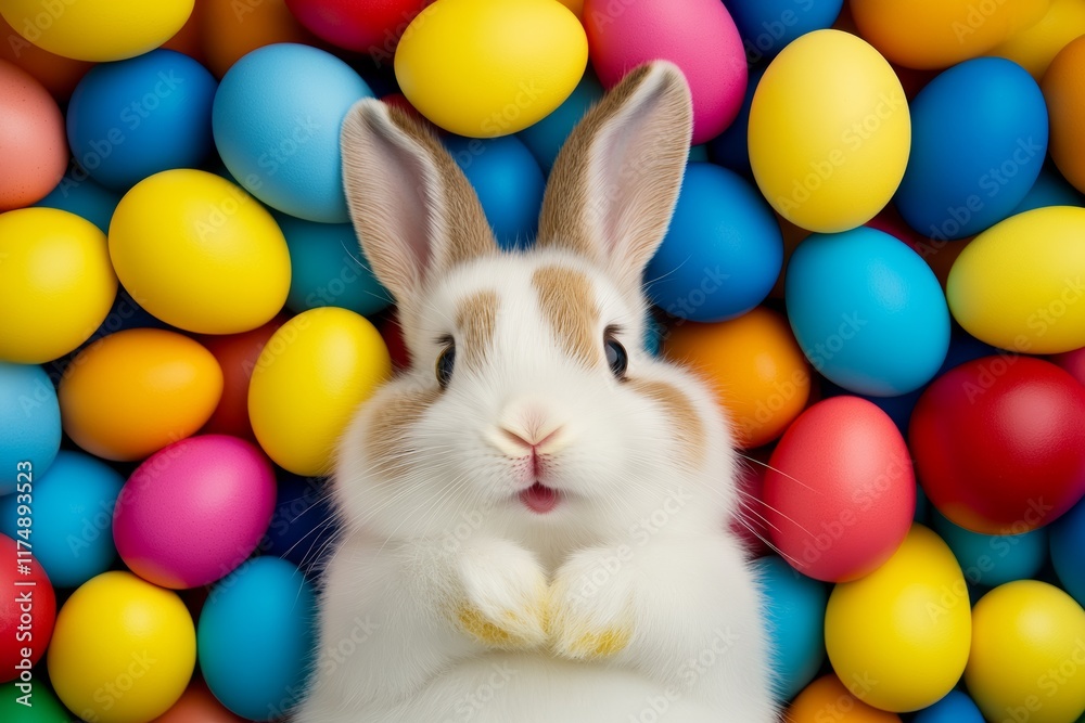 Fototapeta premium Rabbit is laying in a pile of colorful eggs. The eggs are in various colors, including yellow, orange, and red. The rabbit is looking up at the camera, seemingly curious or surprised by the eggs