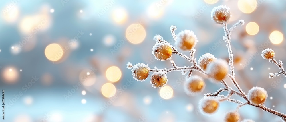 Fototapeta premium Frosty Winter Berries on Branch with Sparkling Bokeh Lights Background
