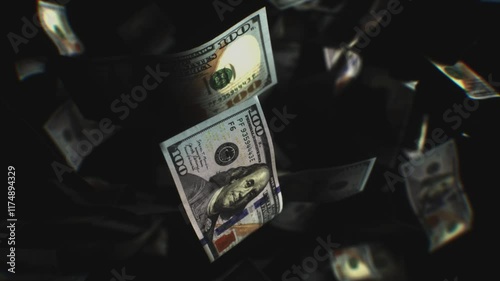 Falling Money and Floating Dollar Bills Dynamic Scene of Wealth and Abundance Against Dark Background, Evoking Excitement and Opportunity in Finance and Currency.
