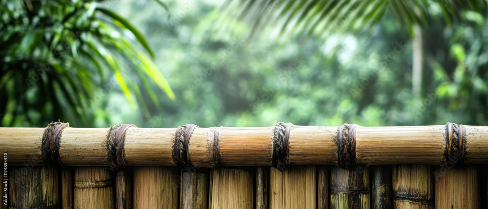 Eco-friendly bamboo backdrop with lush jungle setting in soft lighting Eco-friendly bamboo backdrop with lush jungle setting in soft lighting