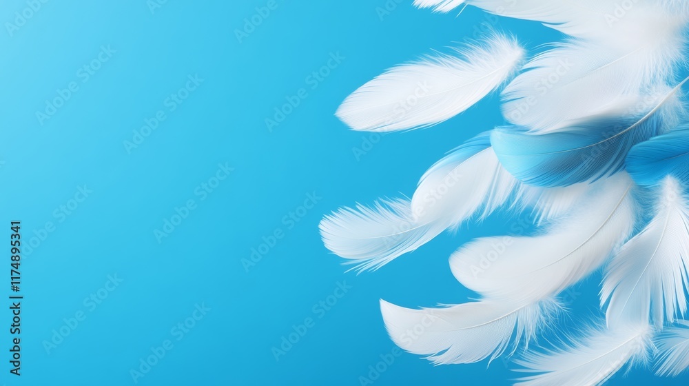 Naklejka premium Blue background with white feathers scattered across it. The feathers are of different sizes and colors, creating a sense of movement and freedom. The image evokes a feeling of lightness