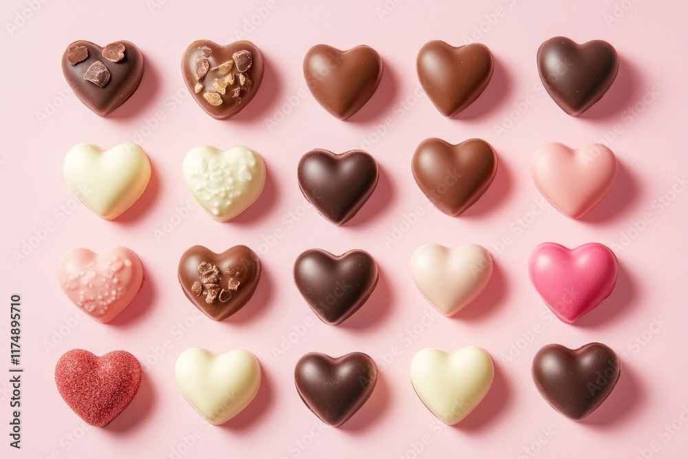 Obraz premium A flat lay of heart - shaped chocolates arranged on a light pink background with blank space Valentine’s Day card