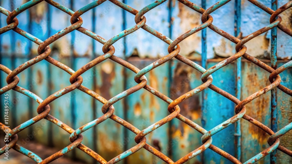 Fototapeta premium Rustic Chain Link Fence with Weathered Turquoise and Rust Hues, Showing Texture and Detail