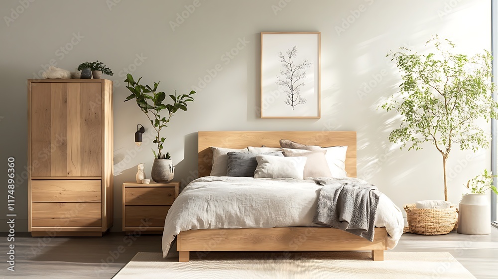 Fototapeta premium Minimalist bedroom with blurred background of bedside lamps and decor 