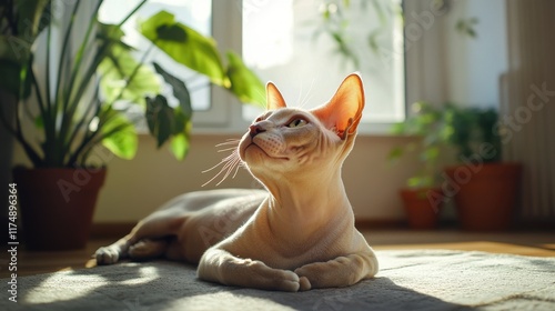 A sleek beige cat lounges on a rug, gazing thoughtfully at the sunlight streaming through a window.