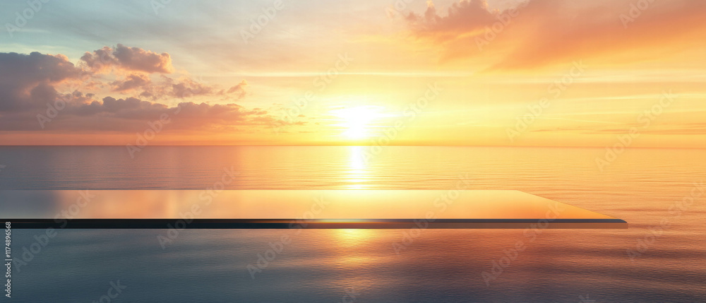 Elegant sunset view over a calm ocean with an empty glass shelf backdrop Elegant sunset view over a calm ocean with an empty glass shelf backdrop