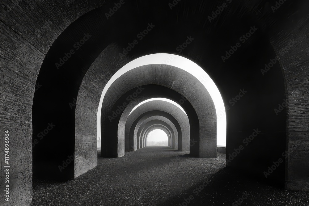 The Path of Possibilities: A series of concrete arches guide the eye towards a distant light. The Path of Possibilities: A series of concrete arches guide the eye towards a distant light.
