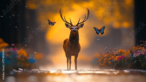 Majestic deer sunset forest path butterflies. photo