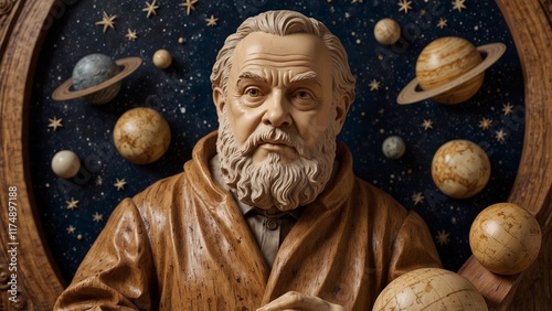 A lifelike wooden carving of Galileo Galilei, depicted with a telescope and holding the starry sky map, surrounded by carved planets, stars, and astronomical tools. photo