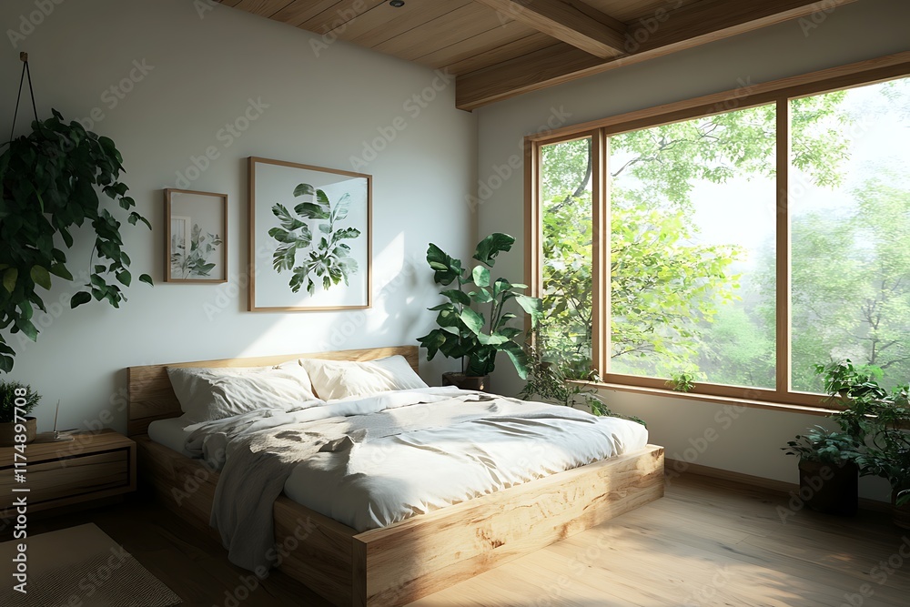 Obraz premium Minimalist bedroom with blurred background of bedside lamps and decor 