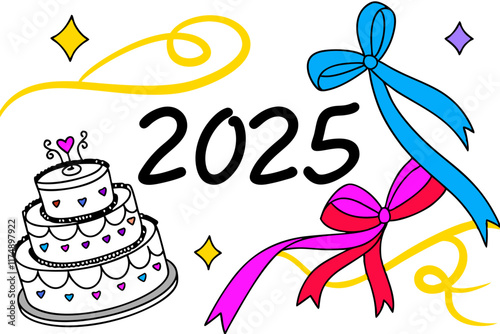 2025 Festive Cake & Ribbons: Hand-Drawn.