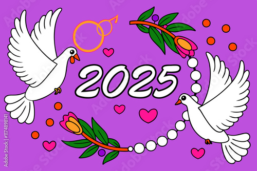 2025 New Year's Design: Two Doves, Flowers, Peace, Love, White, Purple. photo